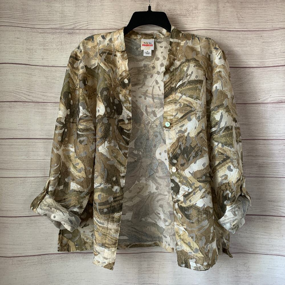 Ruby Rd. Favorites Taupe and Cream Floral Jacket Button Up Roll Tab Sleeve Sz 16